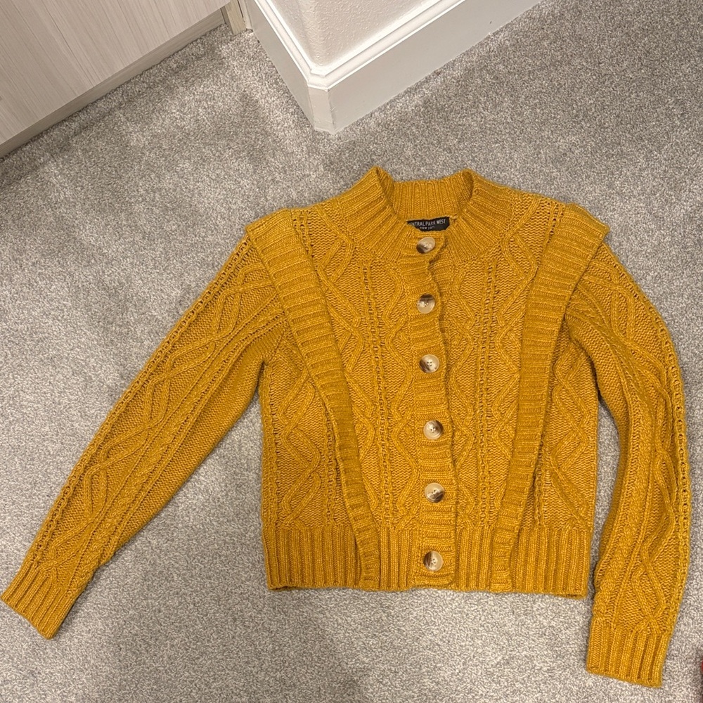 Central Park West Mustard Cable Knit Cardigan